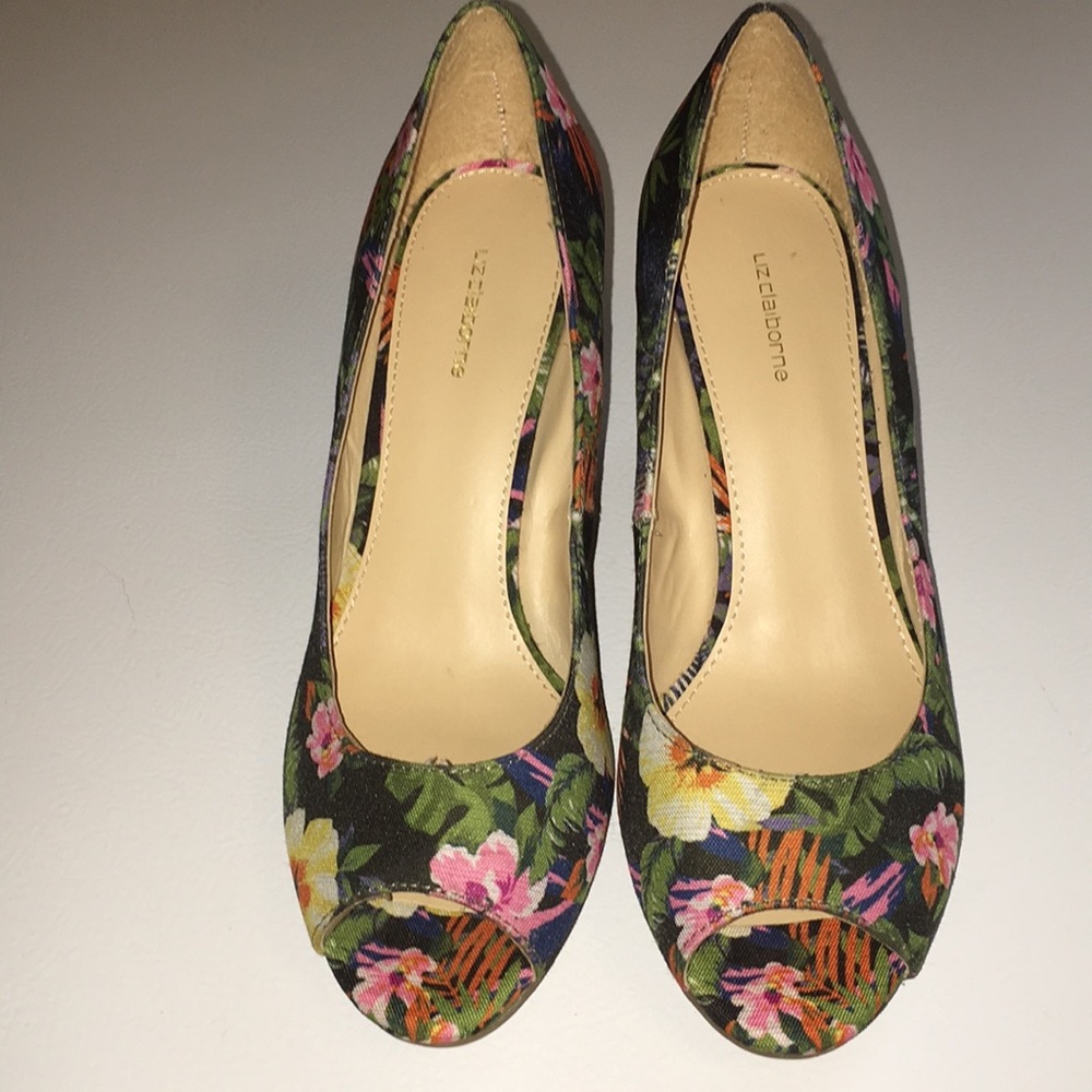 Liz Claiborne Tropical/Floral Cork Wedge Sz 8.5